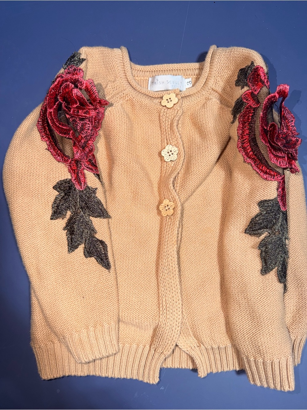 Girls Beige Knit Cardigan with Red Rose Appliqué